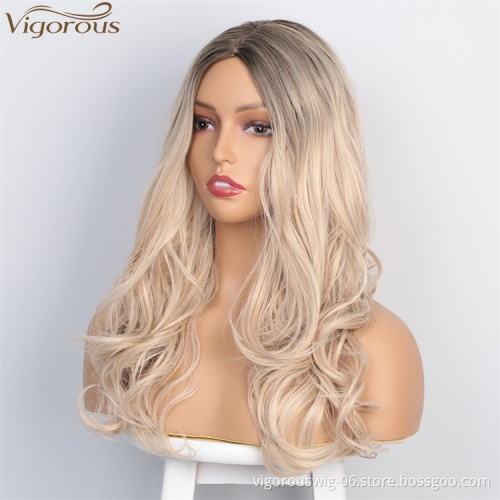 Vigorous Ombre Blonde Wig Long Wavy Synthetic Wigs for Women Brown Gray White Black Red Wig Glueless Hair Can be Cosplay